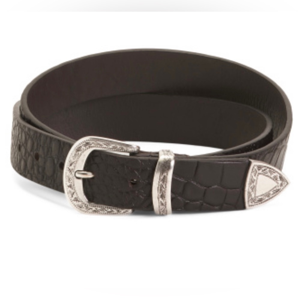 Dark Brown Leather Crocodile Embossed Western Belt Silver Hardware Size Medium